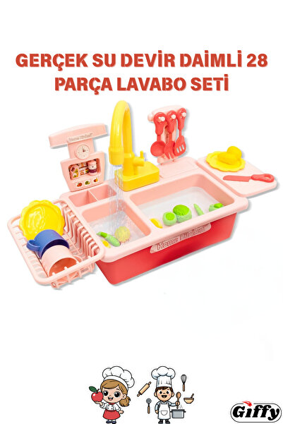 giffy Oyuncak Gerçek Su Akan Mutfak Lavabo Seti | 28 Parça Aksesuarlı | Pilli...