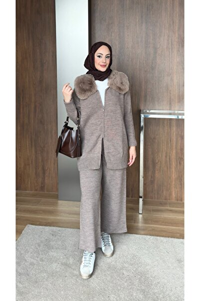 lurex moda Fur Collared Knitwear Set