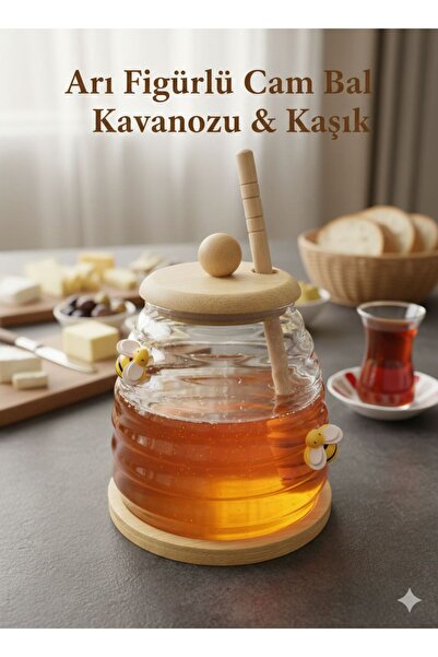 Reona Cam Bal Kavanozu Arı Figürlü Ahşap Kapaklı Bal Kaşıklı Bal Saklama Kava...