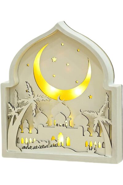 yoyimoore Eid Mubarak Decoration,Ramadan Kareem Wood Moon Castles LED Ornamen...