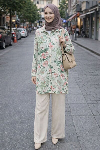 Esra Butik78 Kadın Desenli Gömlek Tunik – Tesettüre Uygun Uzun Kesim, Düğmeli...