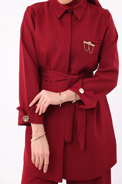 VOICTEC Double Crepe Brooched Trousers Tunic Set