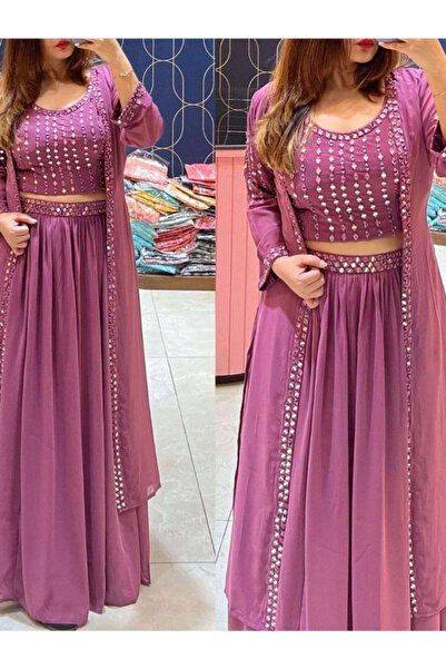 MYSMAR Dark Pink Georgette Blouse Skirt Shrug - FFT6641 | Dark Pink