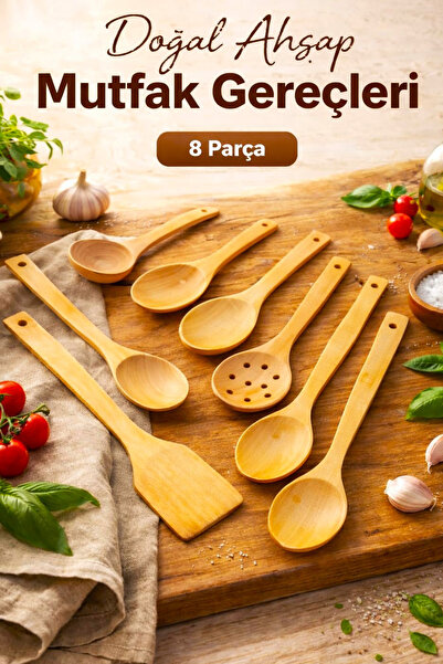 SWENCRAFT 8 Parça Doğal Ahşap Mutfak Servis Kevgir Kepçe Pilav Spatula Kaşık ...