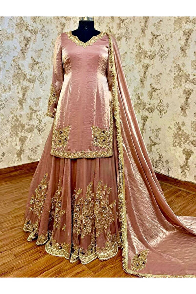 MYSMAR Pink Chinon Silk Top Palazzo & Dupatta - HRT5683 | Pink