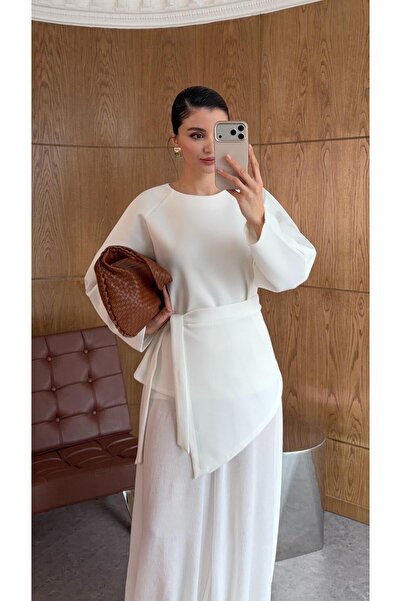 HAZELANNA بلوزة بيضاء من نوع سكوبا مع قطع مربوطة