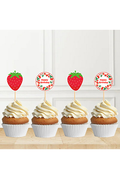parti pera Çilek Şekilli Yuvarlak Happy Birthday Yazılı Cupcake Kürdan Süsü 1...