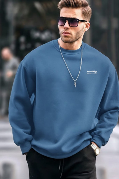 COMBİNE MİCHAİL Men's Casual Blue Sweatshirt with Text Print