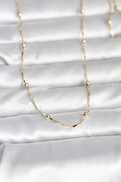 Nehir CM 14K Gold Renk Kesme Çubuk Zincir Topçuklu Model 60 cm Kadın Kolye Se...