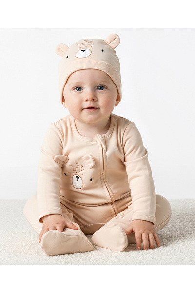 Bonfino 100% Cotton Knit Teddy Bear Applique Full Sleeve Sleepsuit with Cap -...
