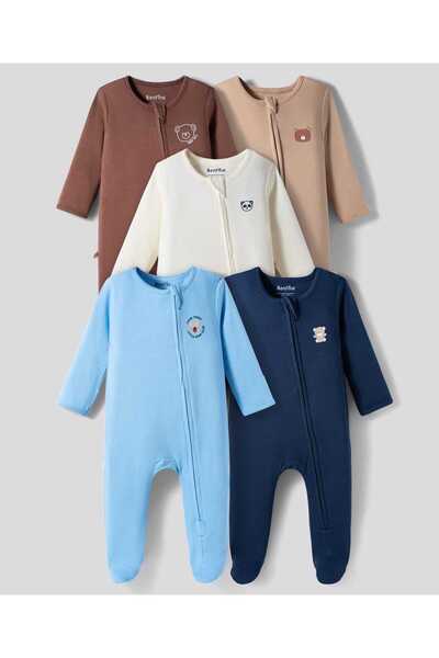 Bonfino 100% Cotton Animals Printed Sleepsuits (Pack of 5) - White\Brown\Navy...