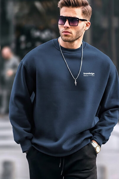 COMBİNE MİCHAİL Men's Text Printed Casual Navy Blue Sweatshirt
