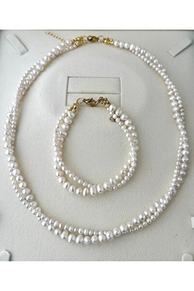 eyla collection Özel Tasarım Sarmal Form Gerçek İnci Takı Seti (45+5 cm)