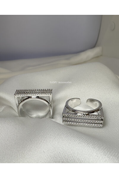 Samu Accessories خاتم فولاذي قابل للتعديل بثلاثة صفوف من الأحجار - فضي مع ثلا...