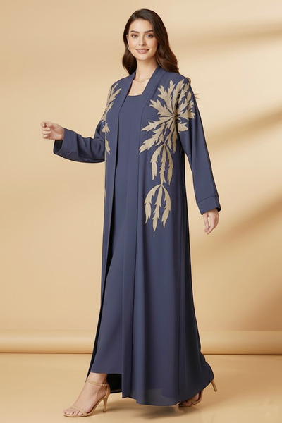 Muchmy Luxury Dark Blue 2 Pieces Girls Abaya Set With Inner Leaf Embroidery M...