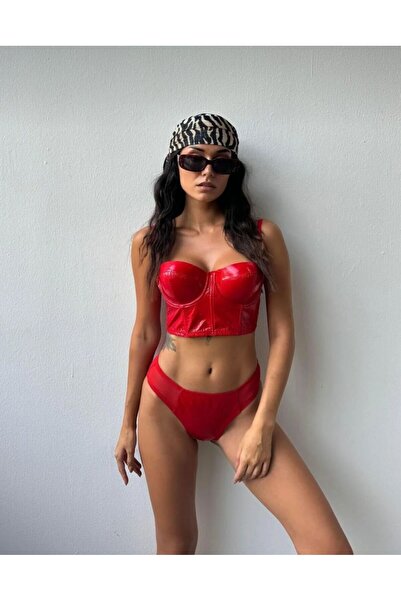 BUTİK SAKURA Shiny Supported Red Stylish Leather Bustier Set