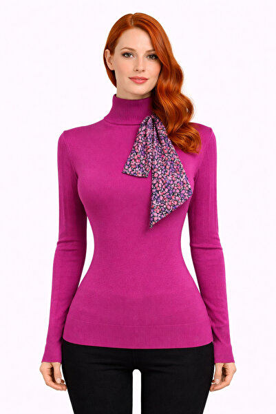 Neden Tekstil Fuchsia Scarf Detailed Half-Throat Knit Sweater