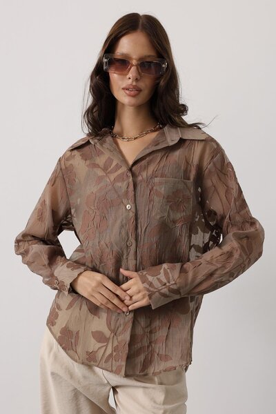 vuvutasarım New Season Floral Patterned Brown Oversize Women's Shirt 34495
