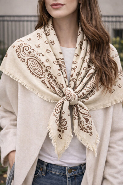 AGAPI Kujten Model Ethnic Patterned Tasseled Square Shoulder Scarf – 100X100 cm