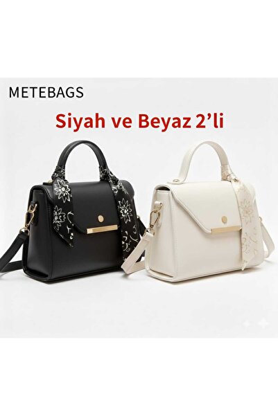 METEBAGS Siyah ve Beyaz 2'li Suni Deri Fular Detaylı Omuz& El Çantası