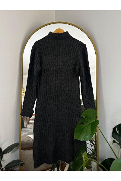FİOXCO Women's Turtleneck Midi Length 100% Wool Fabric Knitwear Dress