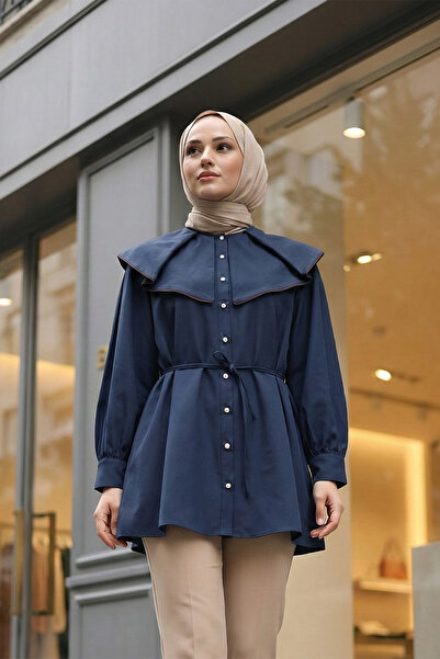 MODAQU Stylish Navy Blue Ribbed Belted Cotton Satin Shirt