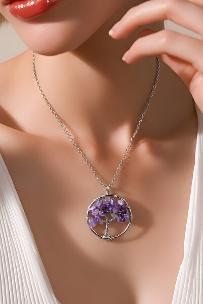 NBS Beautiful Naturel Stones Ametist Çelik Zincir Hayat Ağacı Kadın Kolye ( H...