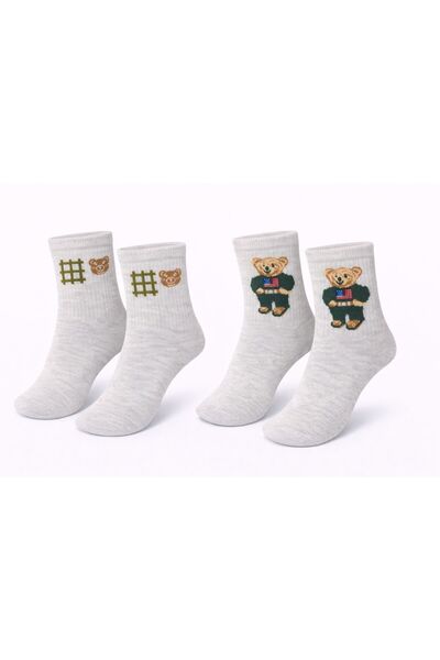 İpeksi 2 Pairs of Teddy Bear Patterned Organic Combed Cotton Socks