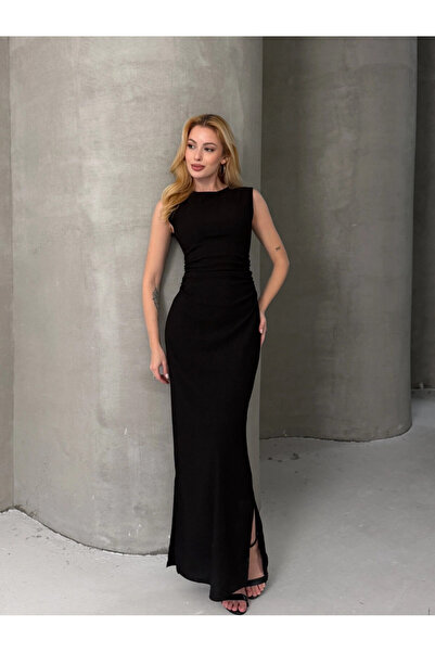 Cool & Sexy Sleeveless Crew Neck Slit Long Dress Black