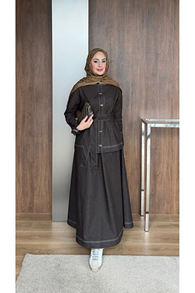 lurex moda Gold Buttoned Skirted Denim Suit