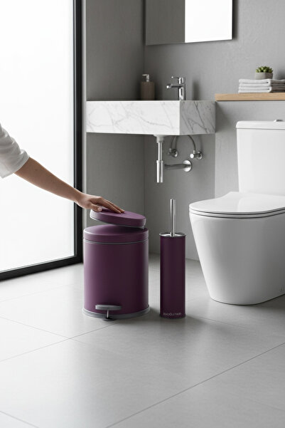 İSAOĞLU YAPI Purple Bathroom Trash Can Set Toilet Brush Stainless Material Pu...