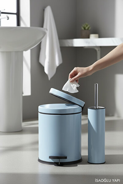 İSAOĞLU YAPI Turquoise Bathroom Trash Can and Brush Set Stainless Steel Mater...