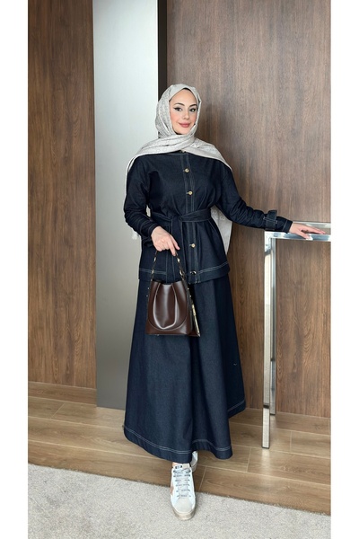 lurex moda Gold Buttoned Skirted Denim Suit