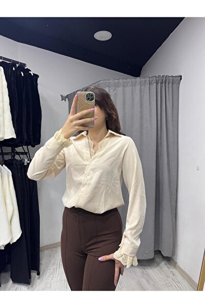 Store Dantel detaylı krem renk uzun kollu gömlek