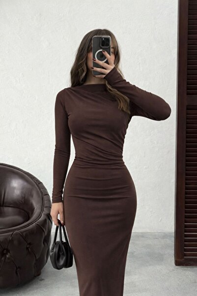 heree Asimetrik Drapeli Uzun Slim Fit Şık Elbise