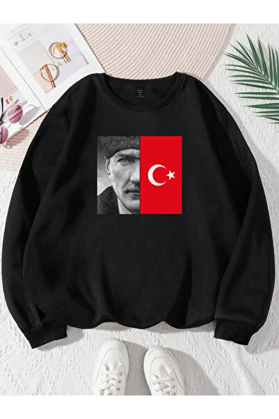 SUNFREE Ataturk and Turkish Flag Unisex Crew Neck Oversize Cotton Sweatshirt