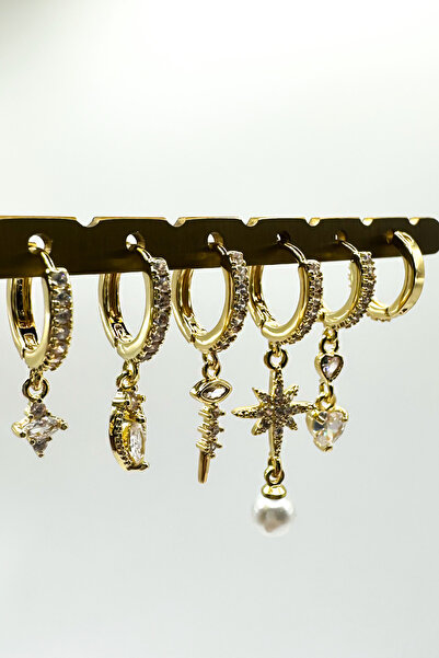 Funda Bijuteri 6LI KUZEY YILDIZI ÇELİK GOLD KÜPE