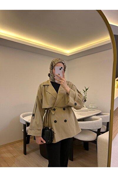 TS Çizgi Tekstil KISA KESİM KUŞAKLI TRENÇKOT