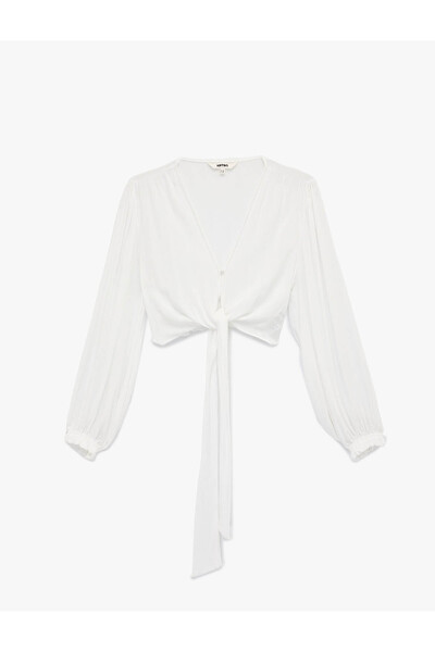 Koton Къса блуза с дълъг ръкав, свободна кройка, от вискоза, с V-образно деко...