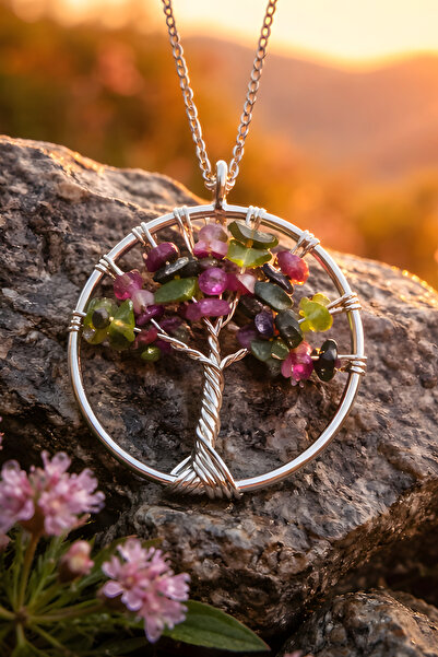 NBS Beautiful Naturel Stones قلادة نسائية من التورمالين على شكل شجرة الحياة (...