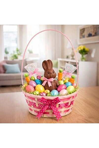 OEM Bamboo Easter Basket with Pink Polka Dot Weaving, Bow & High Handle Ø22 x...