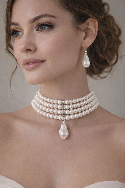 Chic Charms 4 sıra choker barok incili cam inci kolye barok inci küpe