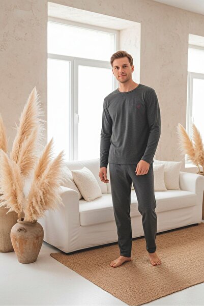 PİJART Anthracite Combed Cotton Long Sleeve Men's Pajama Set