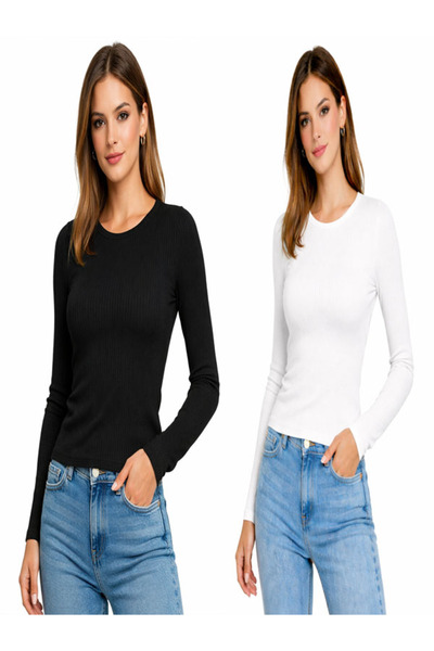 buğlem collection Women's 2-Pack Camisole Ribbed Long Sleeve Basic Blouse Cre...