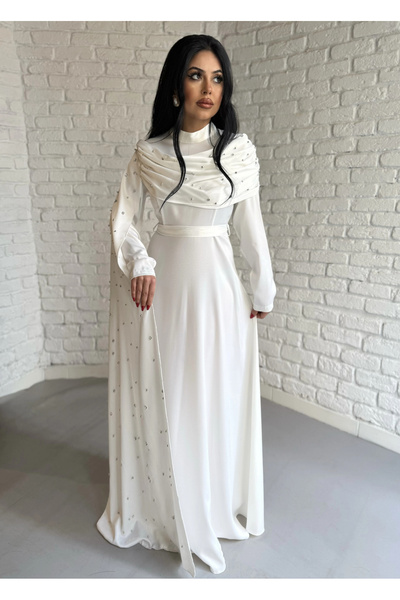 moneta boutique Women's Satin Long Stone-Embellished Evening Dress with Cape