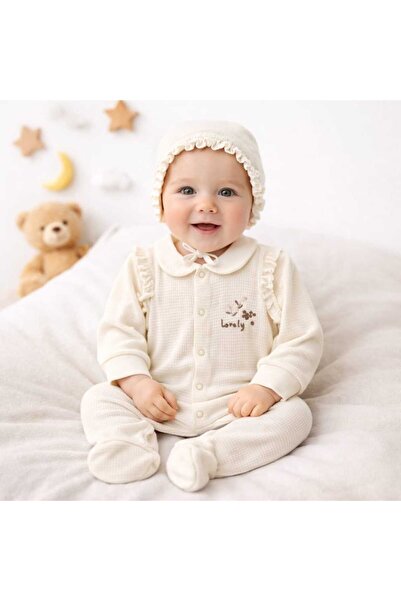 Leylek Newborn Baby Jumpsuit+Hat Set 100% Cotton, Waffle Fabric