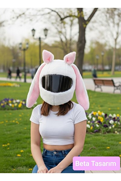 Beta Beyaz Pembe Peluş Kask Kılıfı Uzun Kulaklı Tavşan Süsü