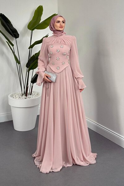 MERVEN AKYÜZ Lumiere Seyyar Korseli Şifon Abiye Pudra