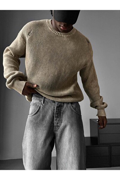 elkumoda Oversize Vintage Detailed Ripped Knitwear Sweater Vintage Washed Str...