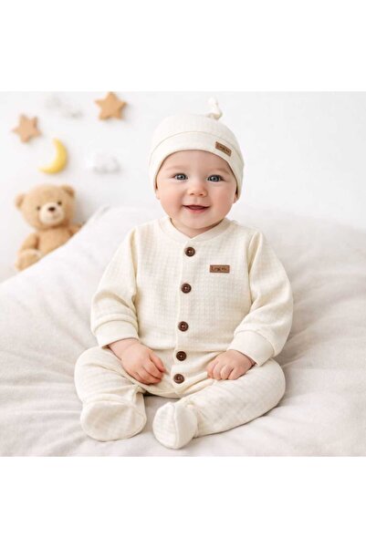 Leylek Newborn Baby Jumpsuit+Hat 100% Cotton, Waffle Fabric